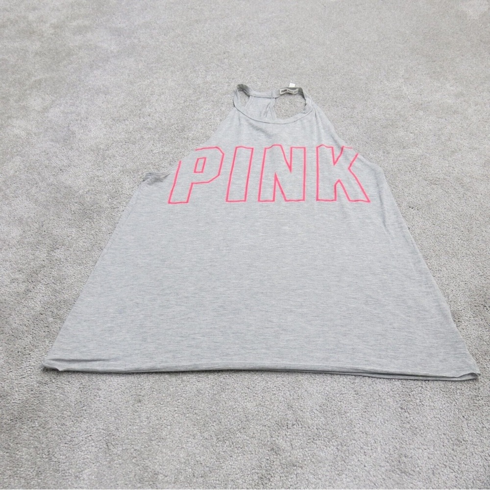 - PINK WOMENS ACTIVEWEAR TANK TOP RACERBACK ROUND NECK LOGO HEATHER GRAY S…